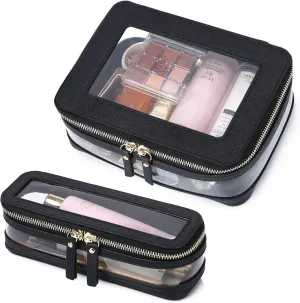 Travel Clear Makeup Bag with Brush Case TSA Approved Toiletry Bag Waterproof Cosmetic Organizer Car Essential for Women (Black, M SLIM-1)