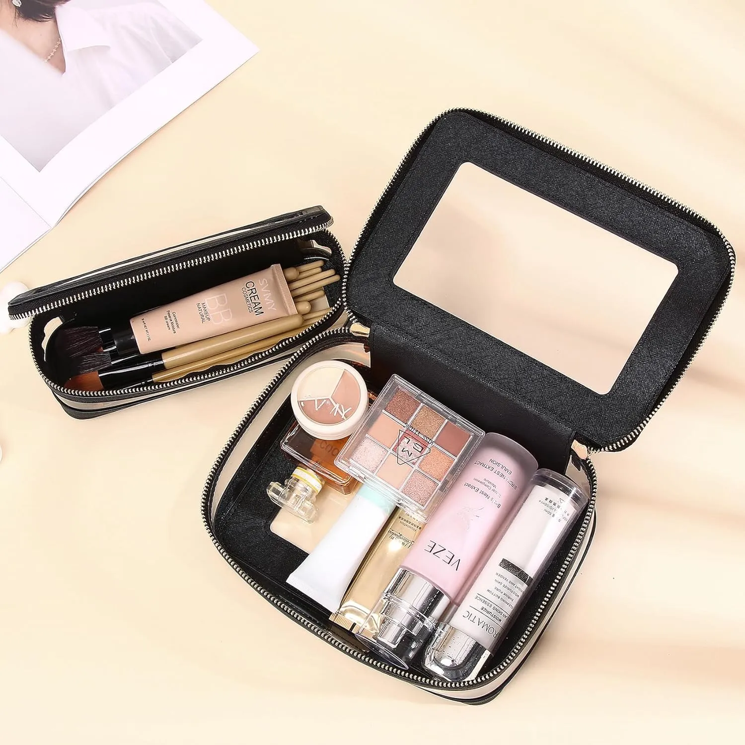 Travel Clear Makeup Bag with Brush Case TSA Approved Toiletry Bag Waterproof Cosmetic Organizer Car Essential for Women (Black, M SLIM-1)