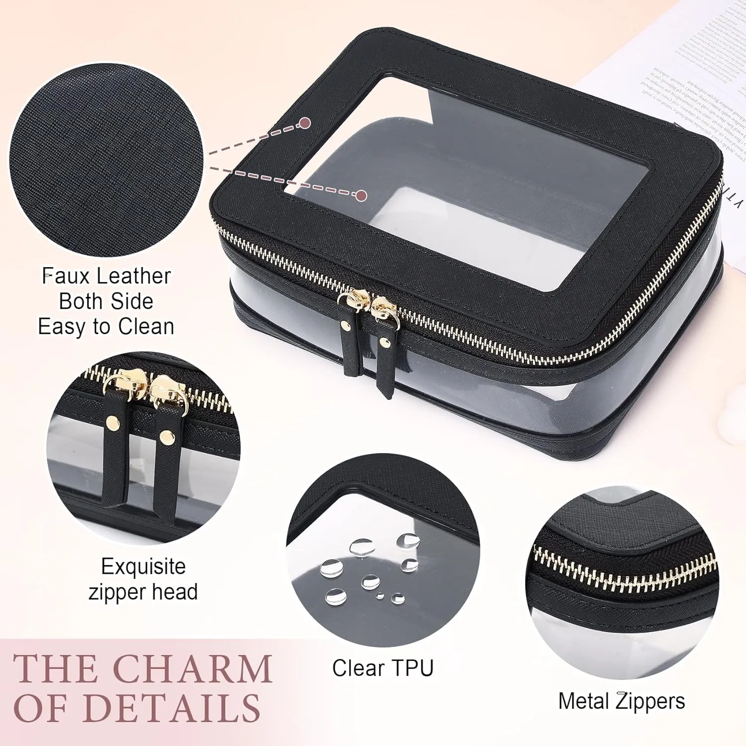 Travel Clear Makeup Bag with Brush Case TSA Approved Toiletry Bag Waterproof Cosmetic Organizer Car Essential for Women (Black, M SLIM-1)