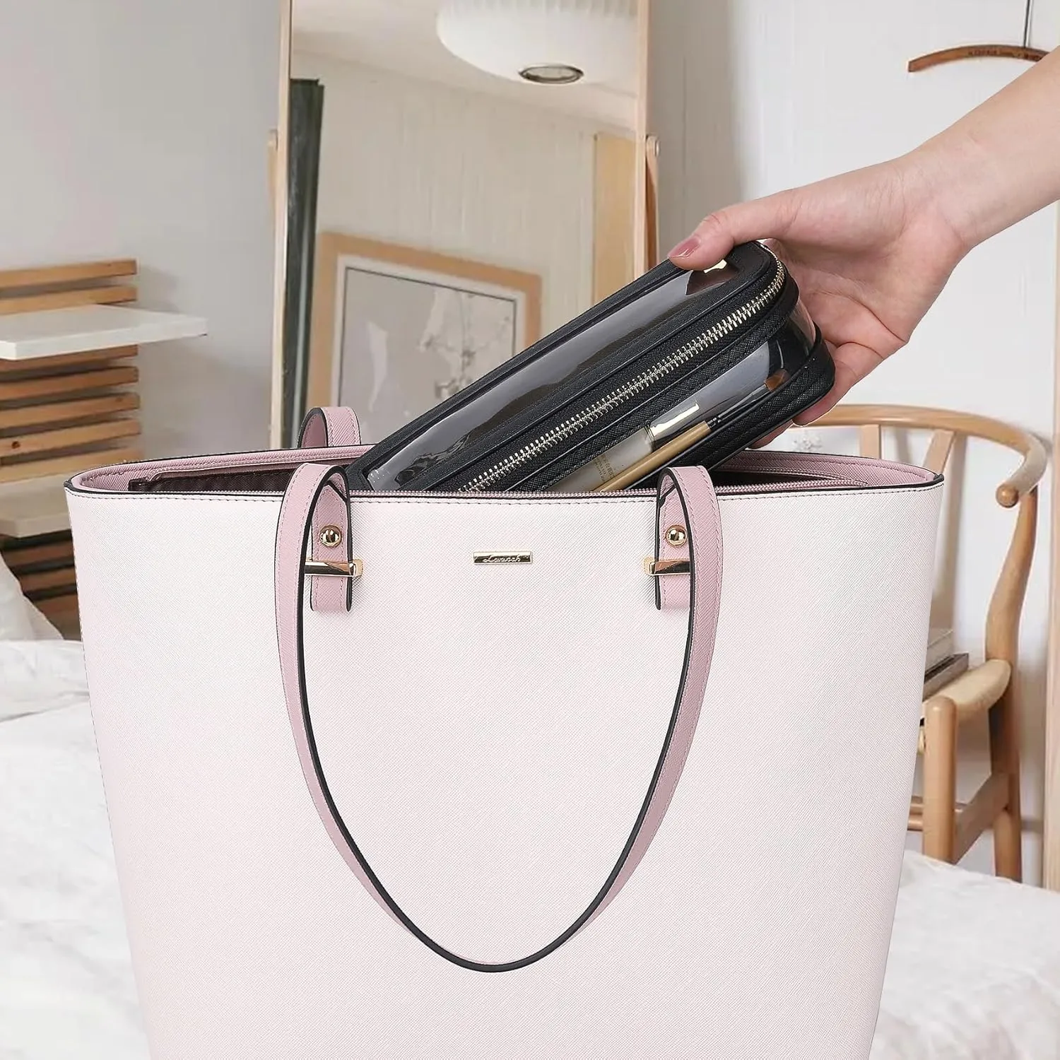 Travel Clear Makeup Bag with Brush Case TSA Approved Toiletry Bag Waterproof Cosmetic Organizer Car Essential for Women (Black, M SLIM-1)