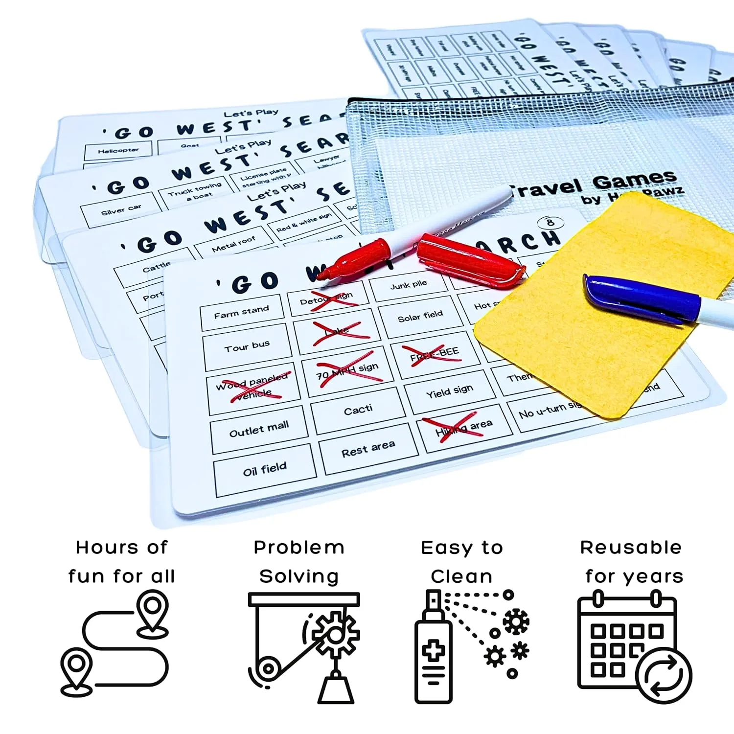 Travel Games For Families: Bundle: Highway & Go West, 72 Unique Games, Reusable Laminated Cards with Dry Erase Markers, Kid Scavenger Hunt Game, Multiplayer Games for Kids, Car and Airplane Approved