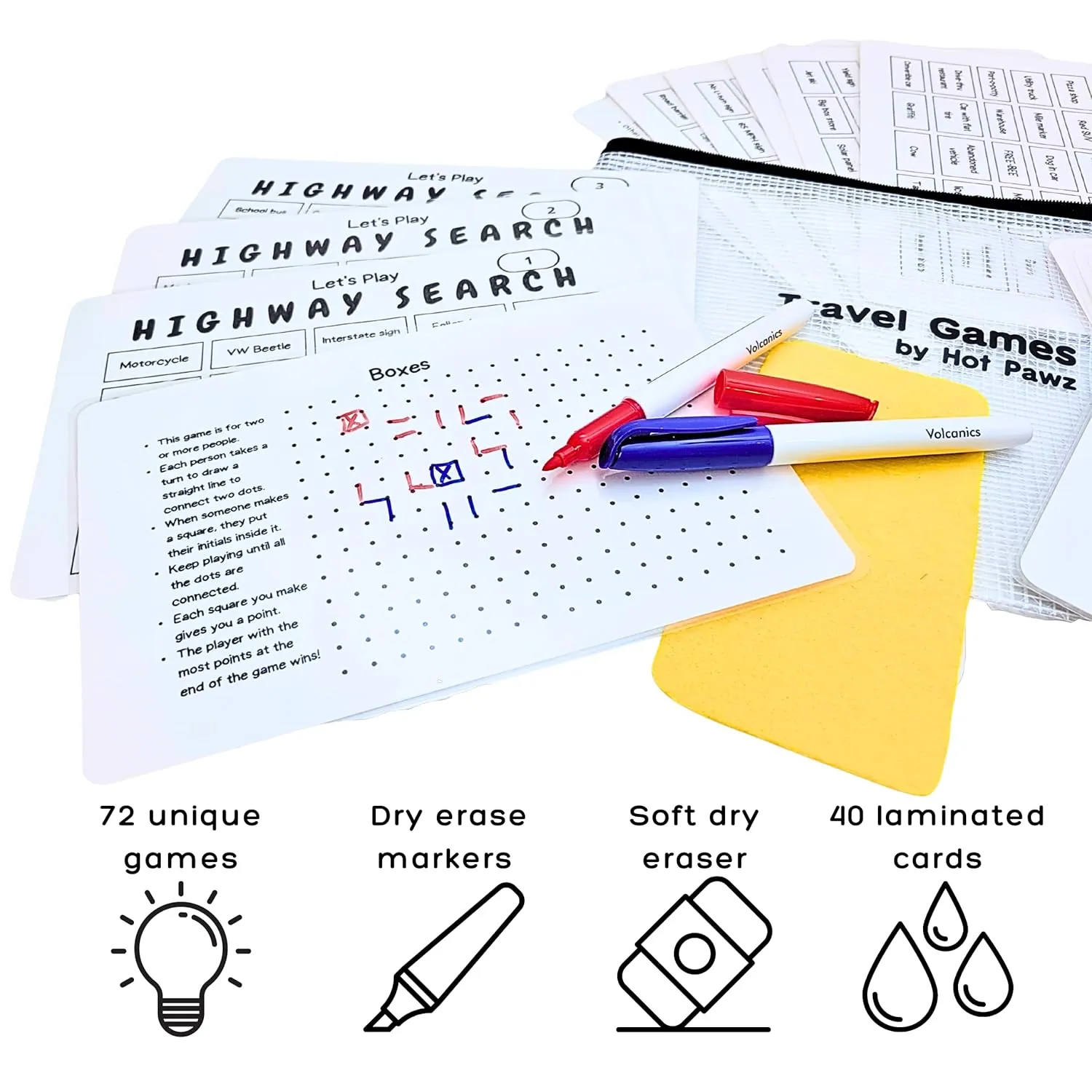 Travel Games For Families: Bundle: Highway & Go West, 72 Unique Games, Reusable Laminated Cards with Dry Erase Markers, Kid Scavenger Hunt Game, Multiplayer Games for Kids, Car and Airplane Approved