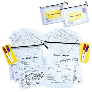 Travel Games For Families: Bundle: Highway & Go West, 72 Unique Games, Reusable Laminated Cards with Dry Erase Markers, Kid Scavenger Hunt Game, Multiplayer Games for Kids, Car and Airplane Approved