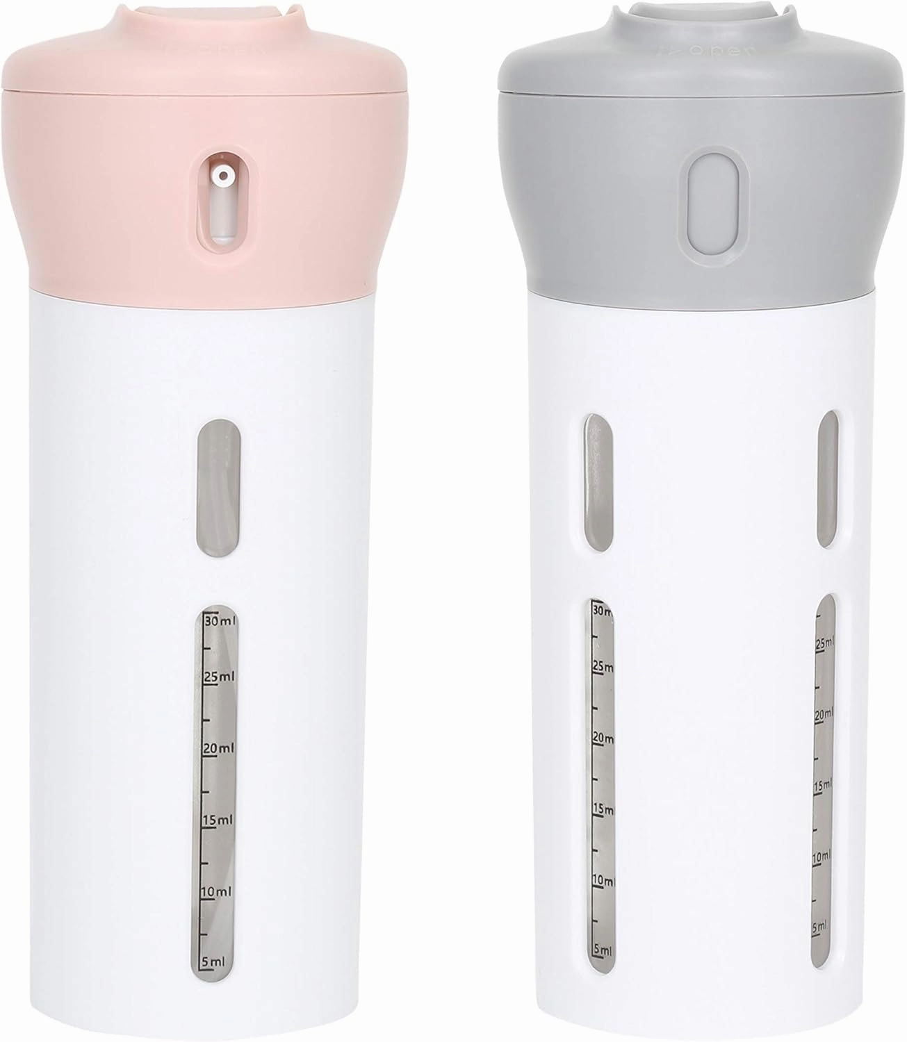 Travigo 4-in-1 Travel Dispenser Bottle, TSA Approved, Includes Four Empty Reusable 1.4 oz. (40 mL) Cosmetic Toiletry Containers for Sanitizer, Soap, Lotions, Skincare, Makeup Products (Pink Gray)