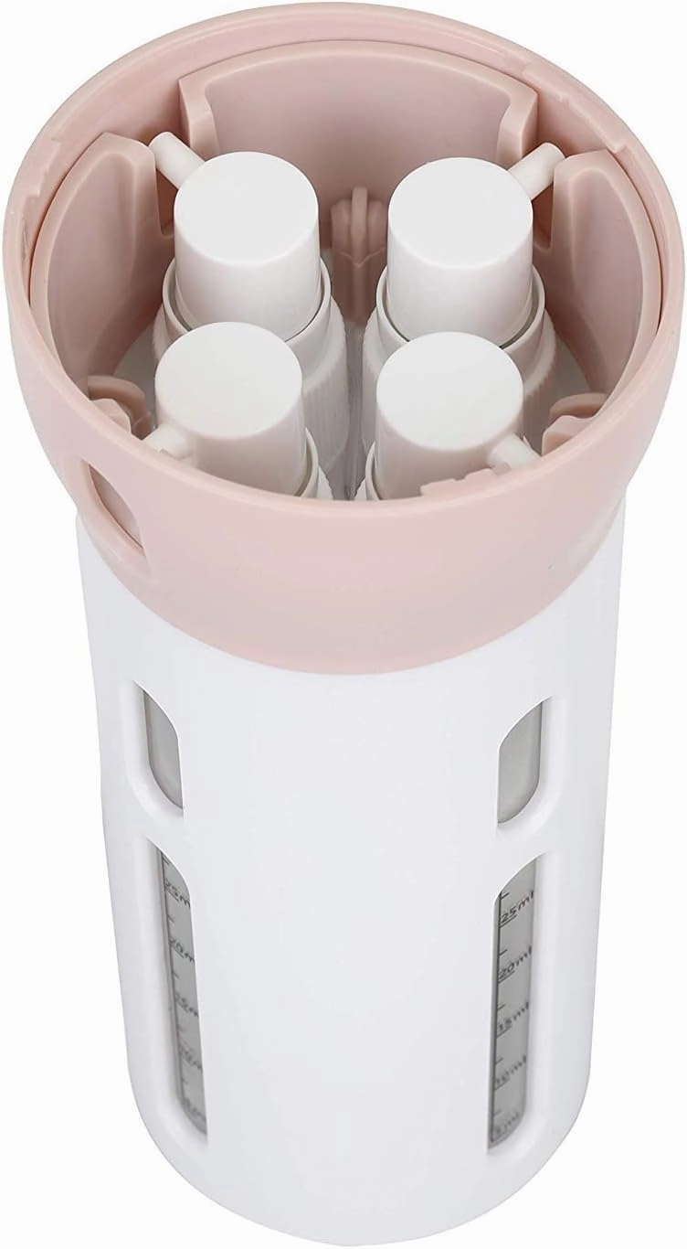 Travigo 4-in-1 Travel Dispenser Bottle, TSA Approved, Includes Four Empty Reusable 1.4 oz. (40 mL) Cosmetic Toiletry Containers for Sanitizer, Soap, Lotions, Skincare, Makeup Products (Pink Gray)