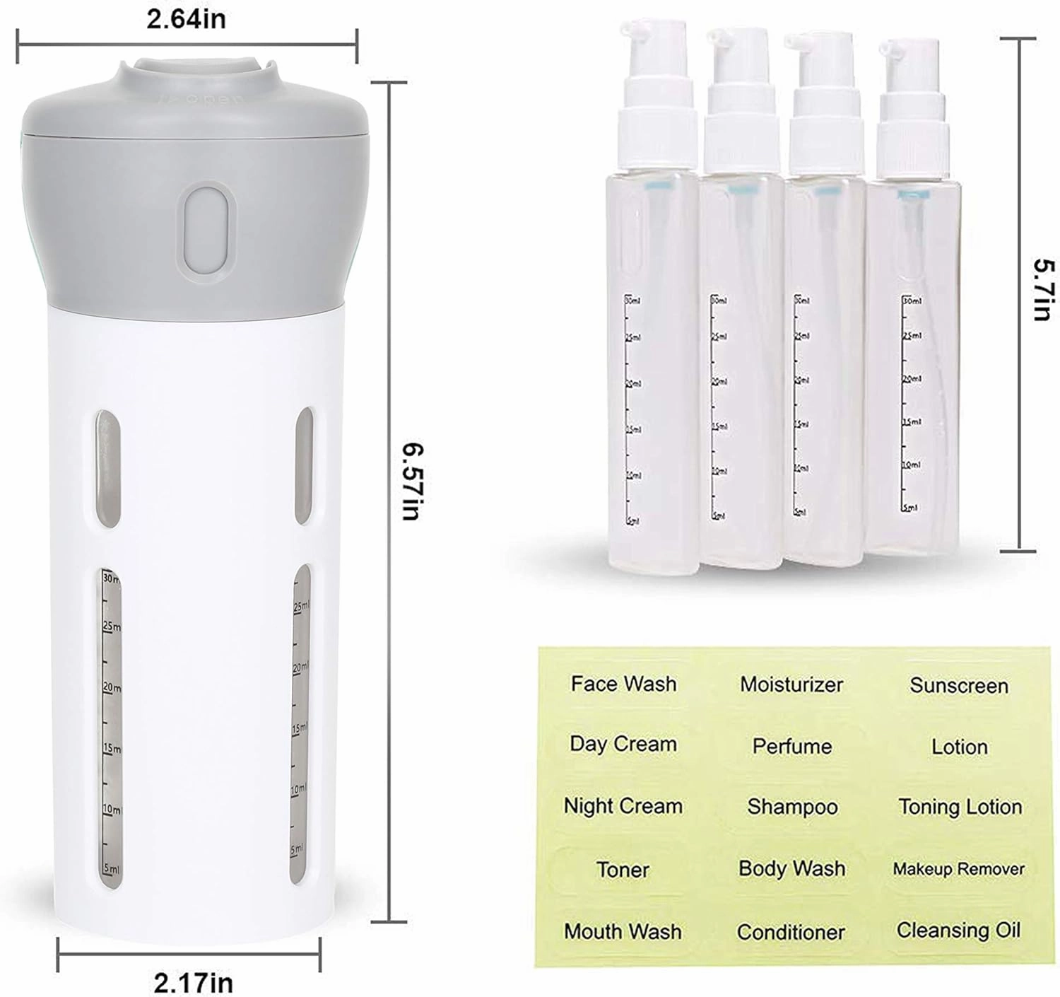 Travigo 4-in-1 Travel Dispenser Bottle, TSA Approved, Includes Four Empty Reusable 1.4 oz. (40 mL) Cosmetic Toiletry Containers for Sanitizer, Soap, Lotions, Skincare, Makeup Products (Pink Gray)