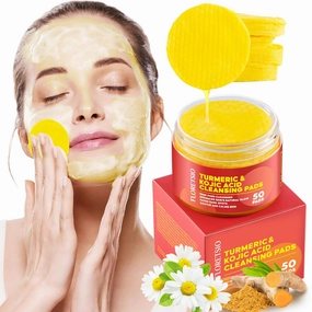 Turmeric Kojic Acid Cleansing Pads : 50pcs Turmeric Exfoliating Pad for Face - Balance Oil & Moisture, Gentle Round Cotton Pads for Face -Travel Friendly