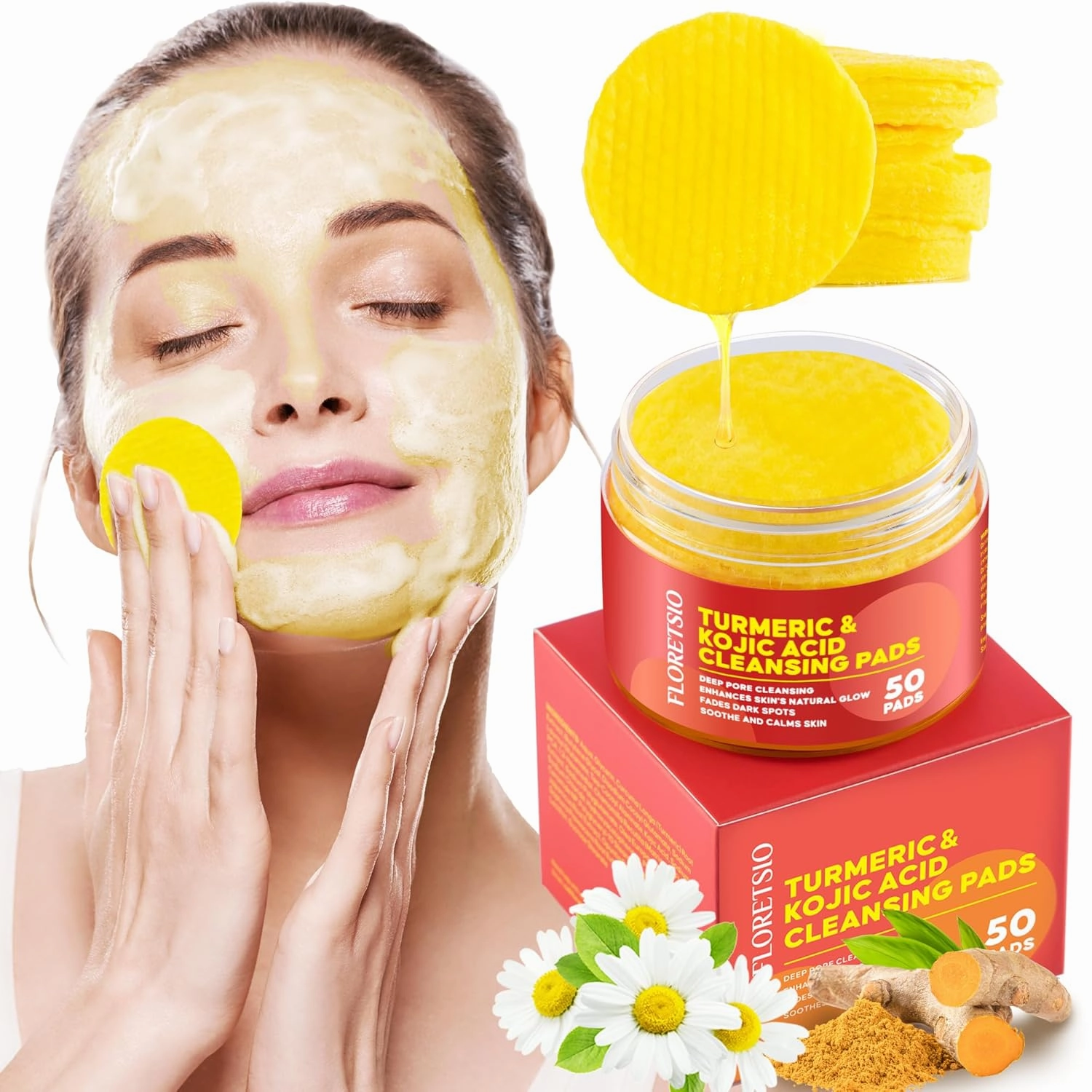 Turmeric Kojic Acid Cleansing Pads : 50pcs Turmeric Exfoliating Pad for Face - Balance Oil & Moisture, Gentle Round Cotton Pads for Face -Travel Friendly