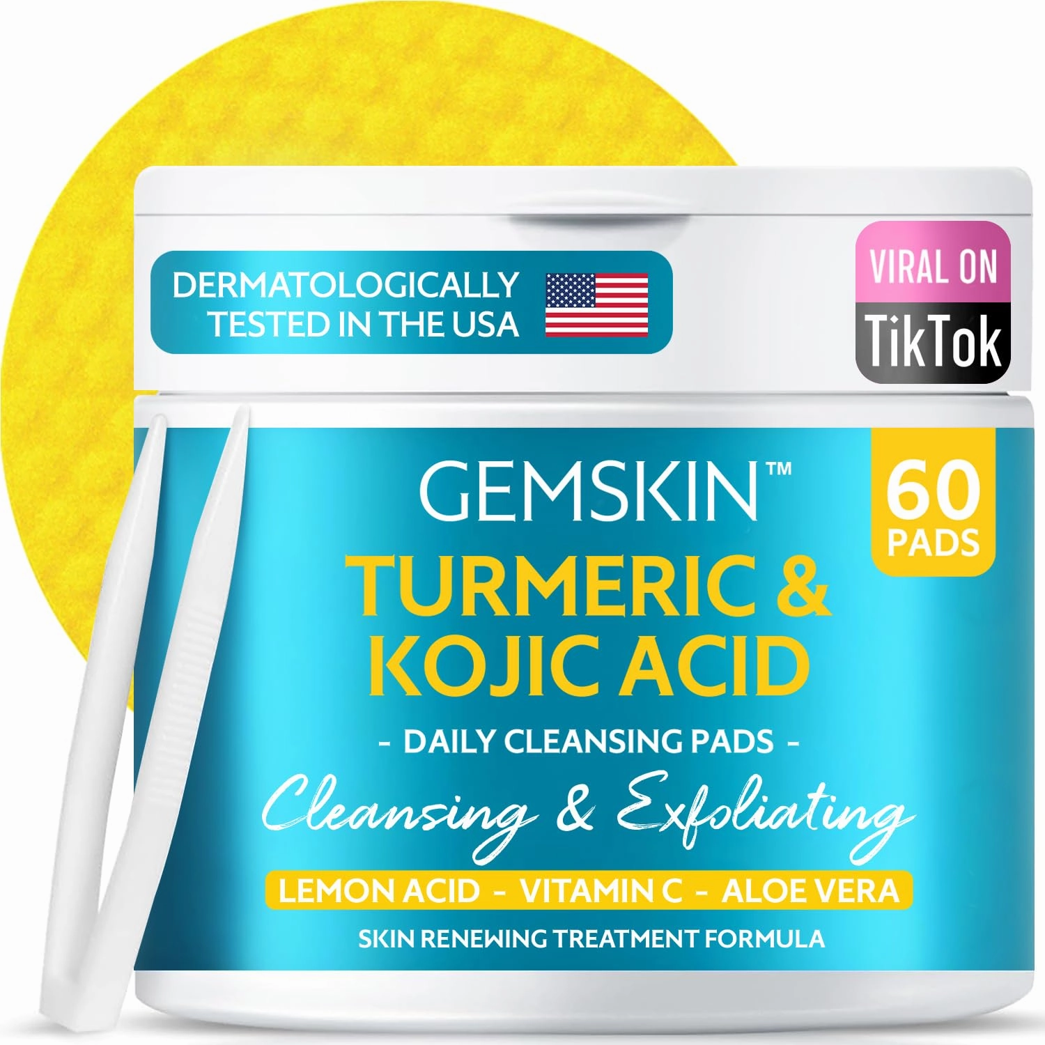 Turmeric Kojic Acid Cleansing Pads - Brightening Dark Spot Remover, Deep Cleaning Pores & Exfoliating Vitamin C & Aloe Vera - Foaming Turmeric Face Scrub Pads For Skin Lightening - 60 Count