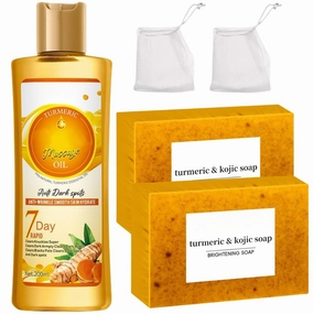 Turmeric Kojic Soap   Turmeric Massage Oil for Face Body, Turmeric 2-Piece Set, Smooth Skin Deep Cleansing Exfoliating Moisturizing Nourishing Skin Care (1*Oil 2*Soap)