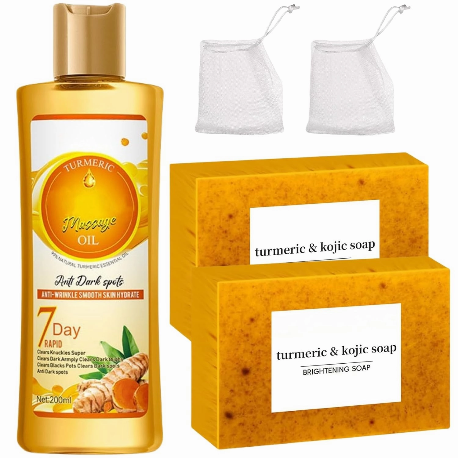 Turmeric Kojic Soap   Turmeric Massage Oil for Face Body, Turmeric 2-Piece Set, Smooth Skin Deep Cleansing Exfoliating Moisturizing Nourishing Skin Care (1*Oil 2*Soap)
