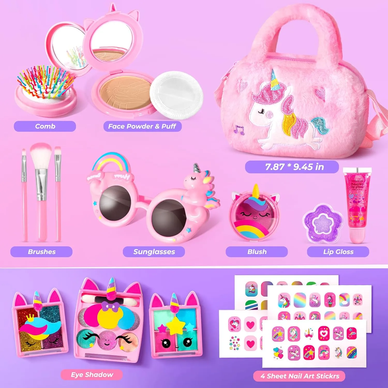 ULOVEME Kids Real Makeup Kit for Little Girls - Real, Non Toxic, Washable Make Up Toy - Umicorn Toys Gift for 3 4 5 6 7 8 9 10 12 Years Old Girls Birthday (Pink Umicorn Handbag)