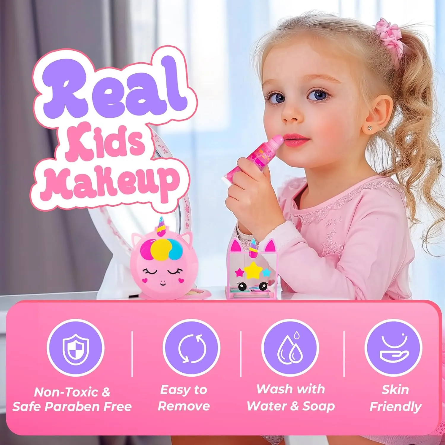 ULOVEME Kids Real Makeup Kit for Little Girls - Real, Non Toxic, Washable Make Up Toy - Umicorn Toys Gift for 3 4 5 6 7 8 9 10 12 Years Old Girls Birthday (Pink Umicorn Handbag)