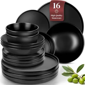 Ultra Chic Matte Black Dinnerware Set - Black Stoneware Dinnerware for 4-16 pcs. Dishwasher & Microwave Safe - Plates and Bowls