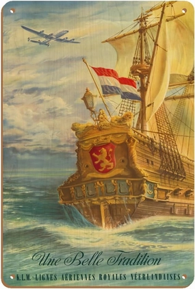 Une Belle Tradition (A Beautiful Tradition) - The Flying Dutchman - KLM Airlines - Vintage Airline Travel Poster by Joop H. van Heusden c.1950s - 8 x 12 inch Vintage Wood Art Sign