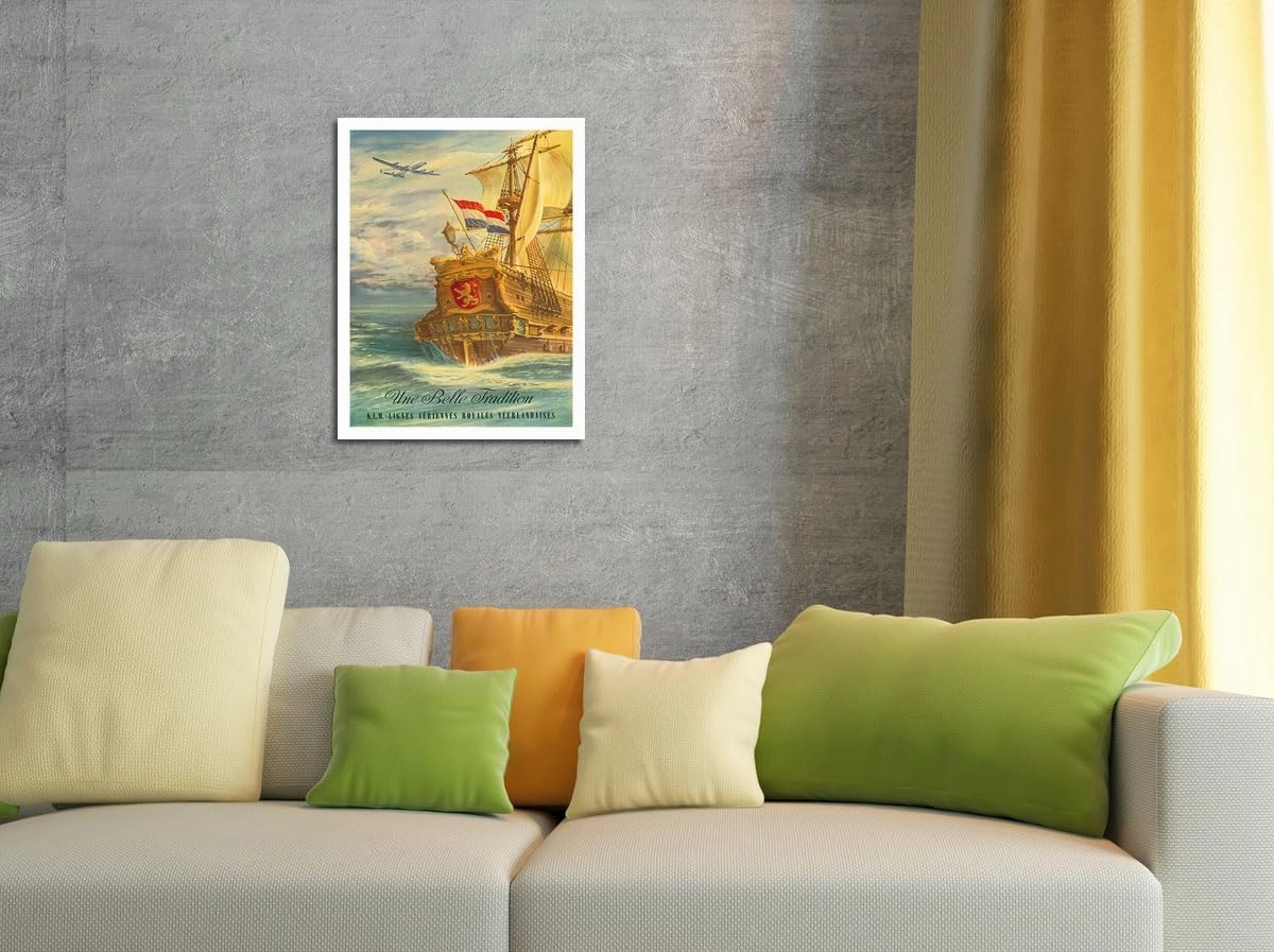 Une Belle Tradition (A Beautiful Tradition) - The Flying Dutchman - KLM Airlines - Vintage Airline Travel Poster by Joop H. van Heusden c.1950s - 8 x 12 inch Vintage Wood Art Sign
