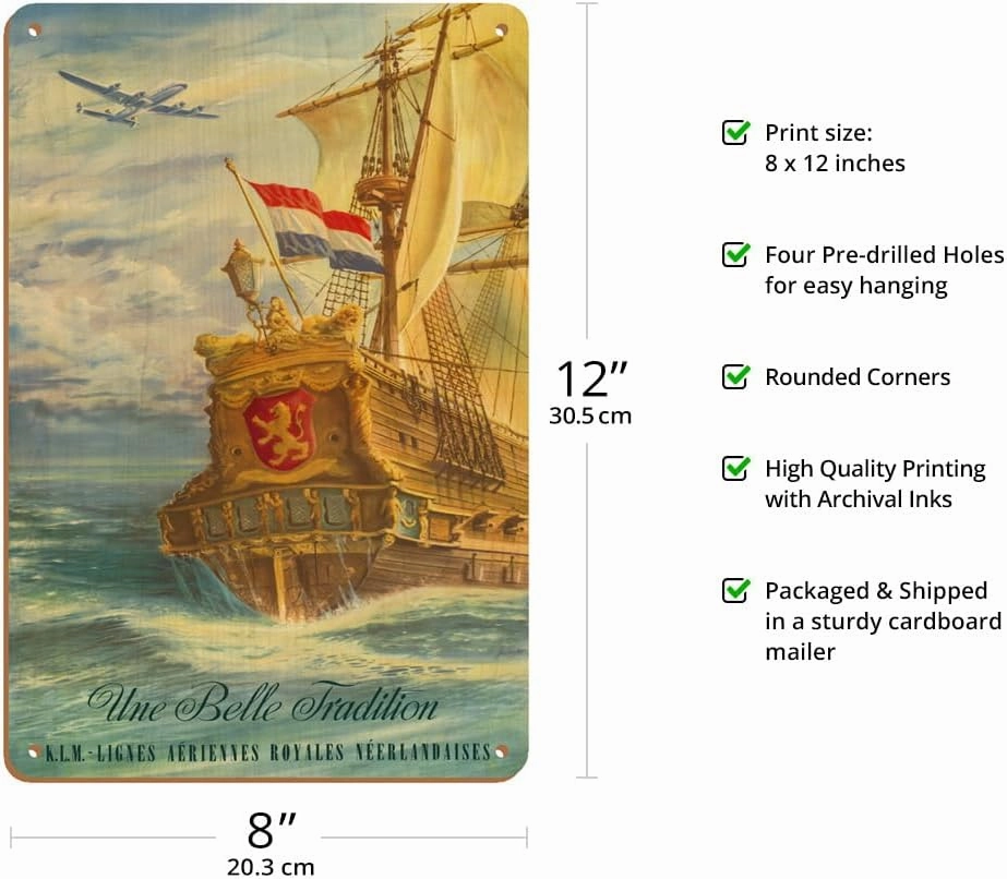 Une Belle Tradition (A Beautiful Tradition) - The Flying Dutchman - KLM Airlines - Vintage Airline Travel Poster by Joop H. van Heusden c.1950s - 8 x 12 inch Vintage Wood Art Sign