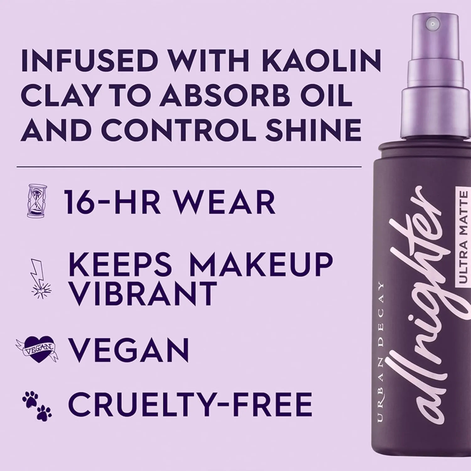 Urban Decay All Nighter Ultra Matte Makeup Setting Spray for Face, Transfer-proof, Long-lasting 16 HR Wear, with Oil-absorbing Kaolin Clay, Matte Finish, Oil-free, Paraben-free, Vegan