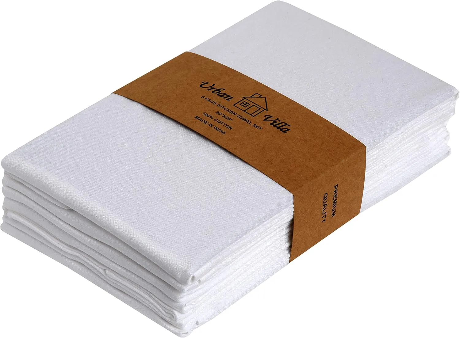 Urban Villa White Kitchen Towels 100% Cotton Highly Absorbent Dish Towels for Kitchen 20X30 Inches(Set of 6) Multi-Purpose Solid Dish Cloths With Hanging Loop for Cleaning Dinnerware Glass Hand Towels