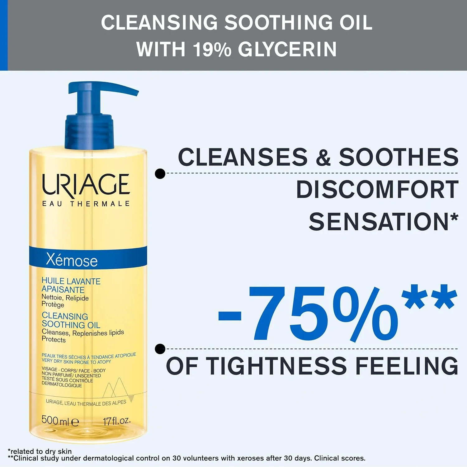 URIAGE Xémose Cleansing Soothing Oil | Mild Foaming Nourishing Gel-in-oil, Face & Body, Fragrance & Soap-Free