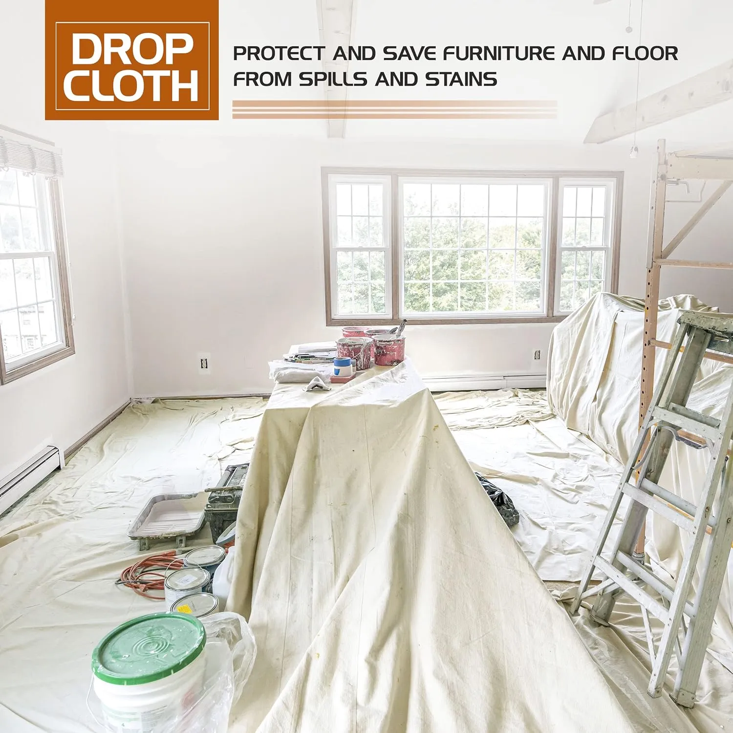 Utopia Drop Cloth for Painting (4x12 ft, 2 Pack) Washable and Reusable Canvas Fabric for Furniture & Floor Protection Highly Absorbent Paint Cover - Duck Dropcloth for Outdoor and Indoor Use