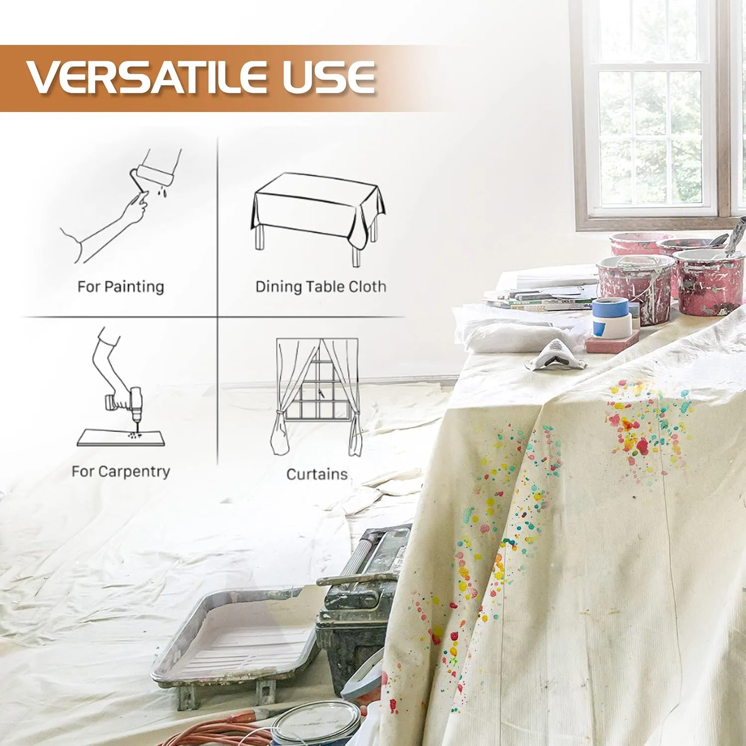 Utopia Drop Cloth for Painting (4x12 ft, 2 Pack) Washable and Reusable Canvas Fabric for Furniture & Floor Protection Highly Absorbent Paint Cover - Duck Dropcloth for Outdoor and Indoor Use