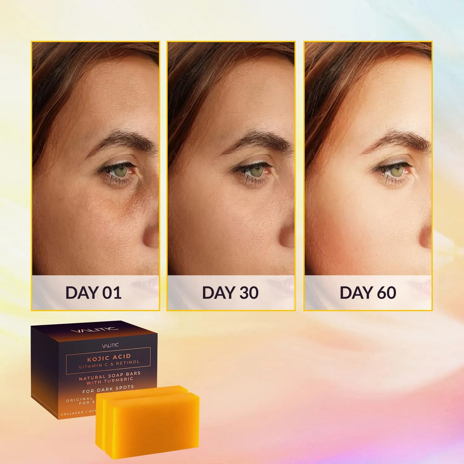 VALITIC Kojic Acid Vitamin C and Retinol Soap Bars with Turmeric for Dark Spot - Original Japanese Complex Infusedwith Collagen, Hyaluronic Acid, Vitamin E (2 Pack) - With Scrub Bag