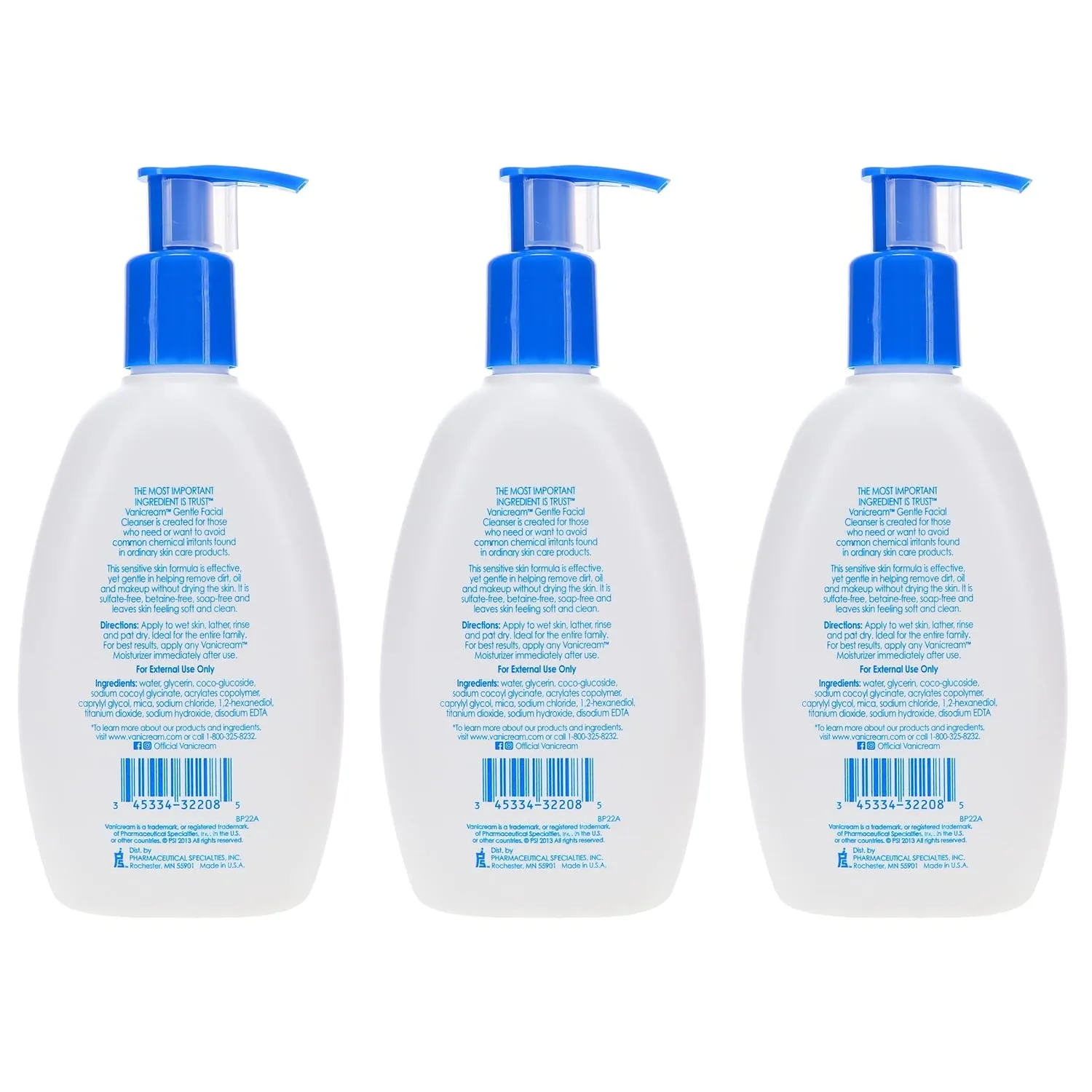Vanicream Gentle Facial Cleanser for Sensitive Skin, 8 Oz (Pack of 3), Unscented, 24 Fl Oz