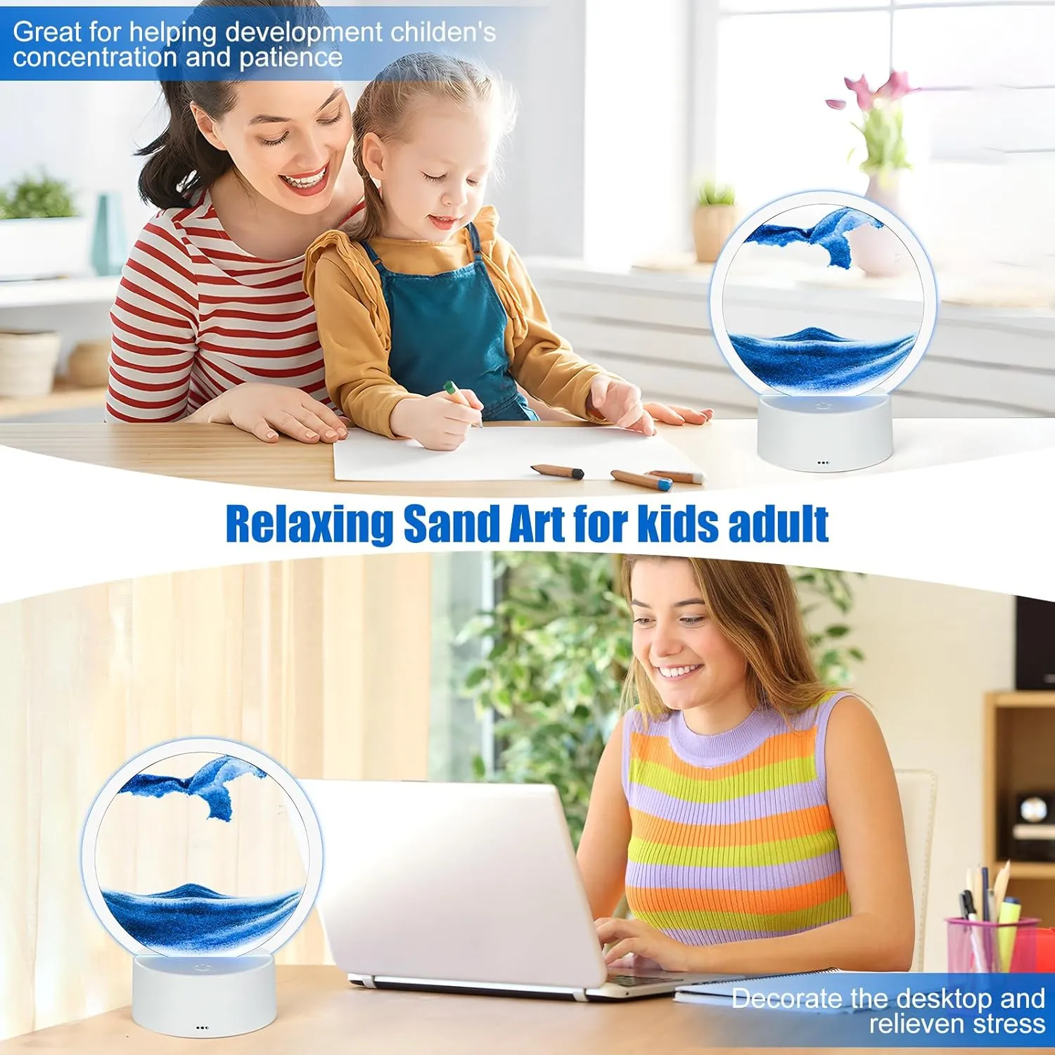 VANTREEGAO Moving Sand Art Picture in Motion - Round Glass Sand Art - Relaxing Home Décor for Office and Living Space (Blue)