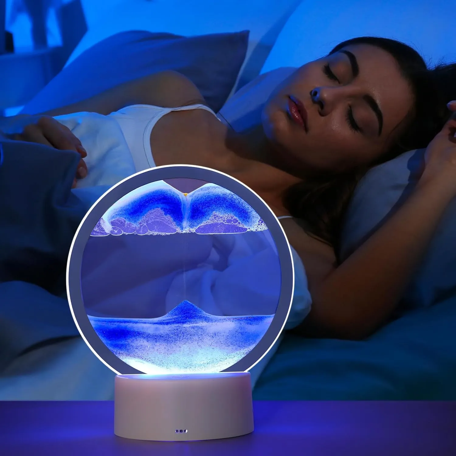 VANTREEGAO Moving Sand Art Picture in Motion - Round Glass Sand Art - Relaxing Home Décor for Office and Living Space (Blue)