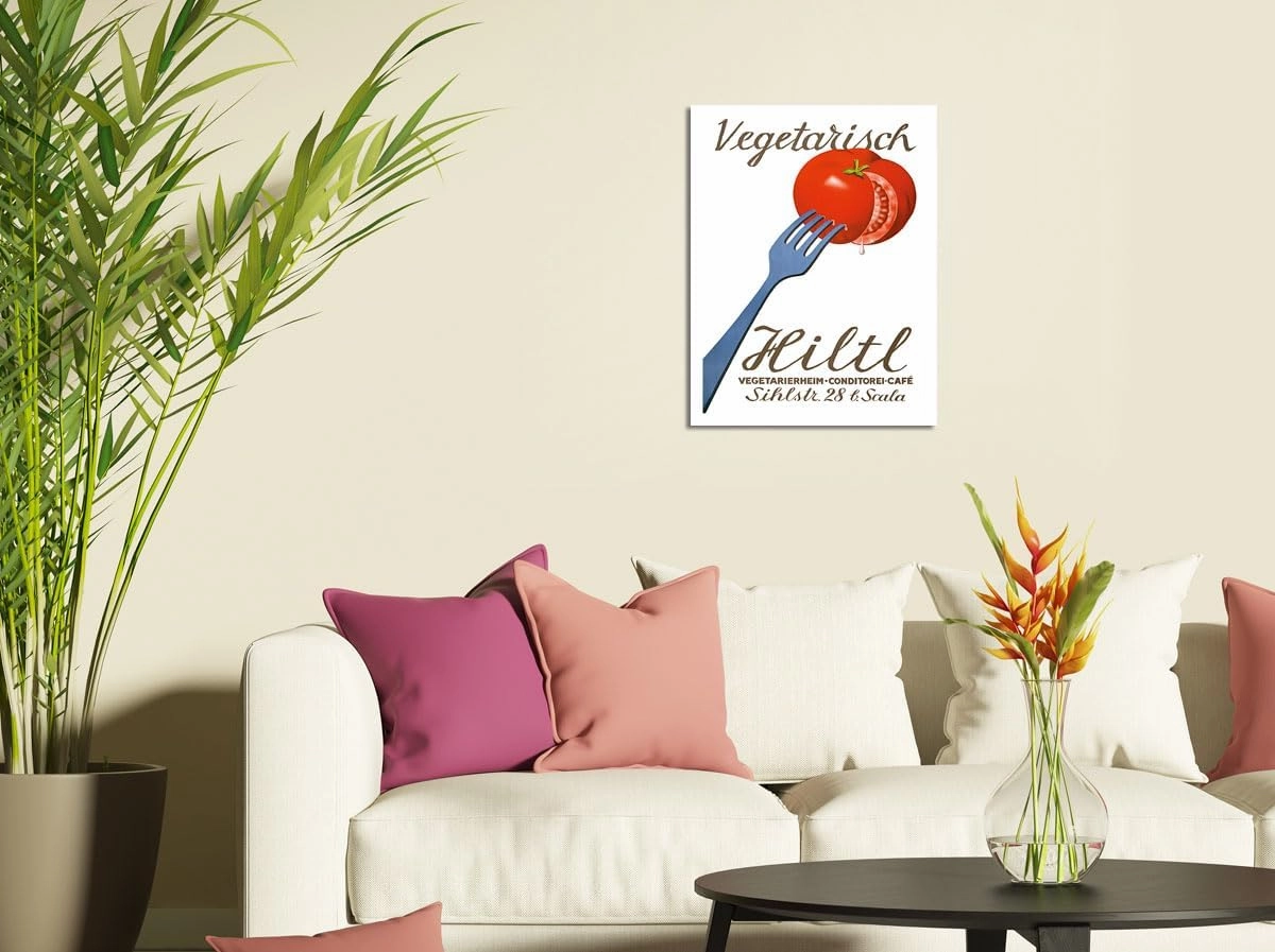 Vegetarisch Hiltl Vegetarian Restaurant - Zurich Switzerland - Vegetarierheim Konditorei Café - Vintage Advertising Poster by Hugo Laubi c.1933-8 x 12 inch Vintage Wood Art Sign
