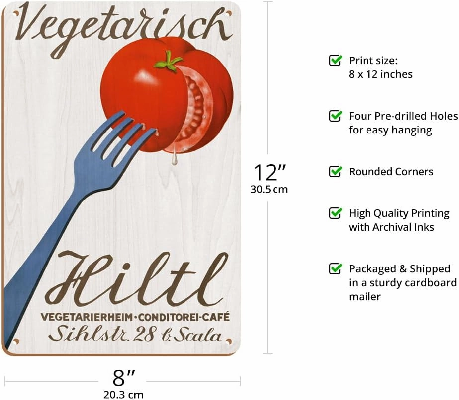 Vegetarisch Hiltl Vegetarian Restaurant - Zurich Switzerland - Vegetarierheim Konditorei Café - Vintage Advertising Poster by Hugo Laubi c.1933-8 x 12 inch Vintage Wood Art Sign