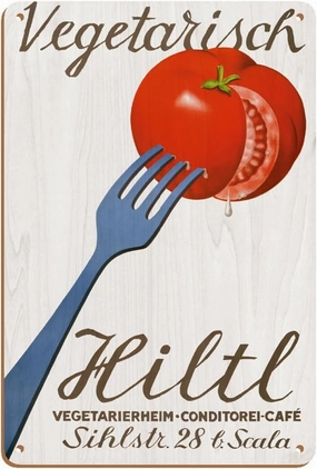 Vegetarisch Hiltl Vegetarian Restaurant - Zurich Switzerland - Vegetarierheim Konditorei Café - Vintage Advertising Poster by Hugo Laubi c.1933-8 x 12 inch Vintage Wood Art Sign
