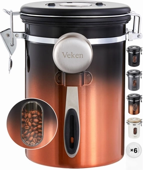 Veken Coffee Canister with Window,Airtight Stainless Steel Kitchen Food Storage Container, Date Tracker & Scoop for Grounds Coffee, Beans, Tea,Flour,Cereal,Sugar,22OZ,Copper