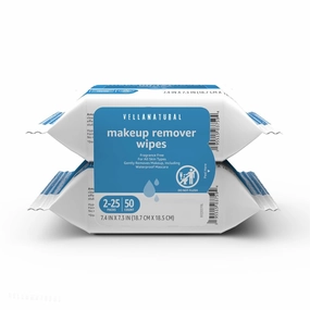Vellanatural Makeup Remover Wipes, Fragrance- and Alcohol-Free, Gentle Cleansing, Removes Waterproof Mascara, Dermatologist Tested, 25 Count, Pack of 2
