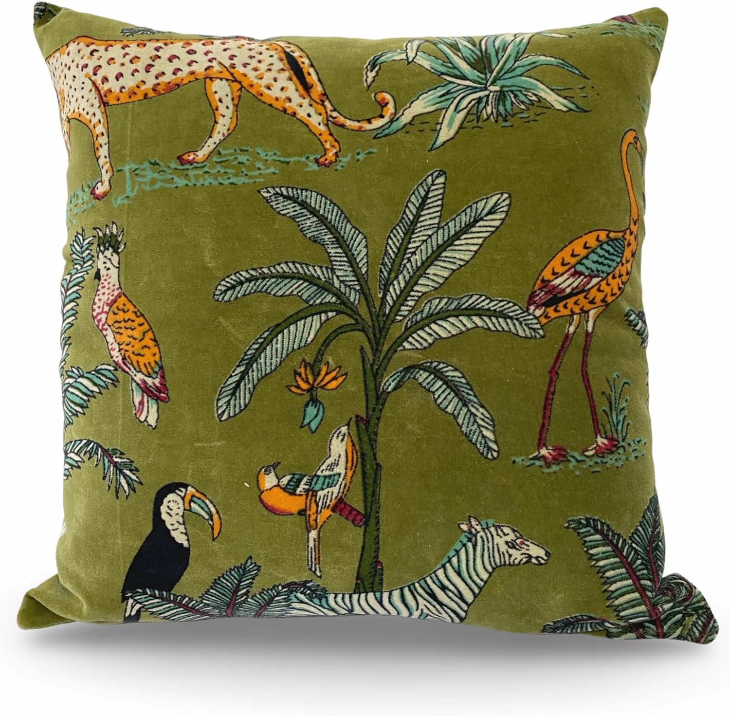 Velvet Floral Flower Green Jungle Throw Pillow Sofa Cushion Cover Case Couch Bohemian Accent Colorful Boho Chic Indian Handmade Cover Only (16" x 16")