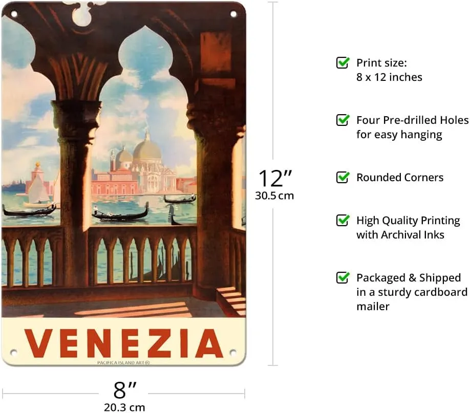 Venezia (Venice) Italy - Gondolas on Grand Canal - St. Mark's Basilica (Basilica di San Marco) - Vintage Travel Poster c.1938-8 x 12 inch Vintage Metal Tin Sign
