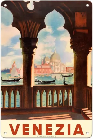 Venezia (Venice) Italy - Gondolas on Grand Canal - St. Mark's Basilica (Basilica di San Marco) - Vintage Travel Poster c.1938-8 x 12 inch Vintage Metal Tin Sign