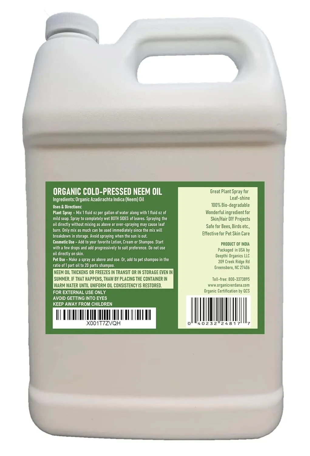 Verdana Pure Neem Oil for Plants – 1 Gallon (128 Fl Oz) – Organic, Cold Pressed, Unrefined, Non-GMO – 100% Natural Spray for Plant Leaf Shine, DIY Beauty, Soap Making – No Additives