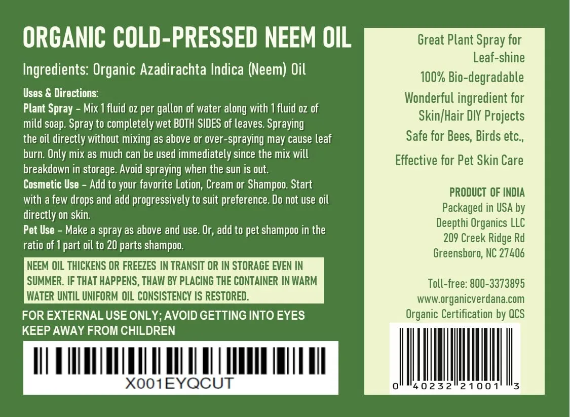 Verdana Pure Neem Oil for Plants – 16 Fl Oz – Organic, Cold Pressed, Unrefined, Non-GMO – 100% Natural Spray for Plant Leaf Shine, DIY Beauty, Soap Making – No Additives