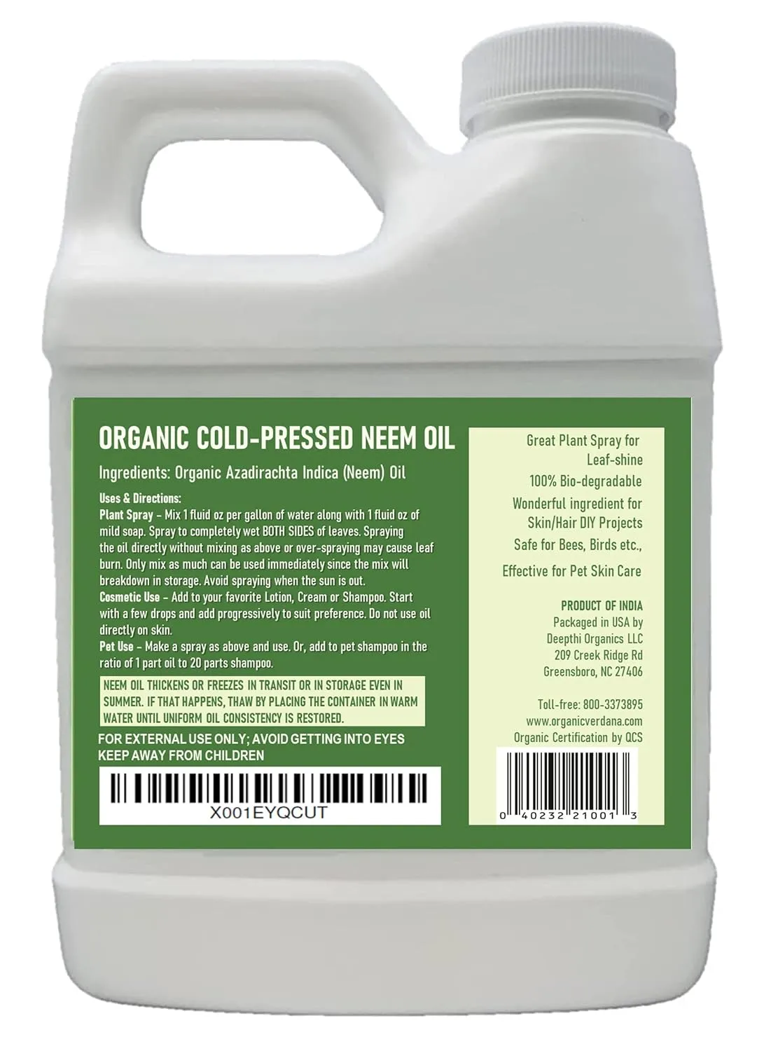 Verdana Pure Neem Oil for Plants – 16 Fl Oz – Organic, Cold Pressed, Unrefined, Non-GMO – 100% Natural Spray for Plant Leaf Shine, DIY Beauty, Soap Making – No Additives