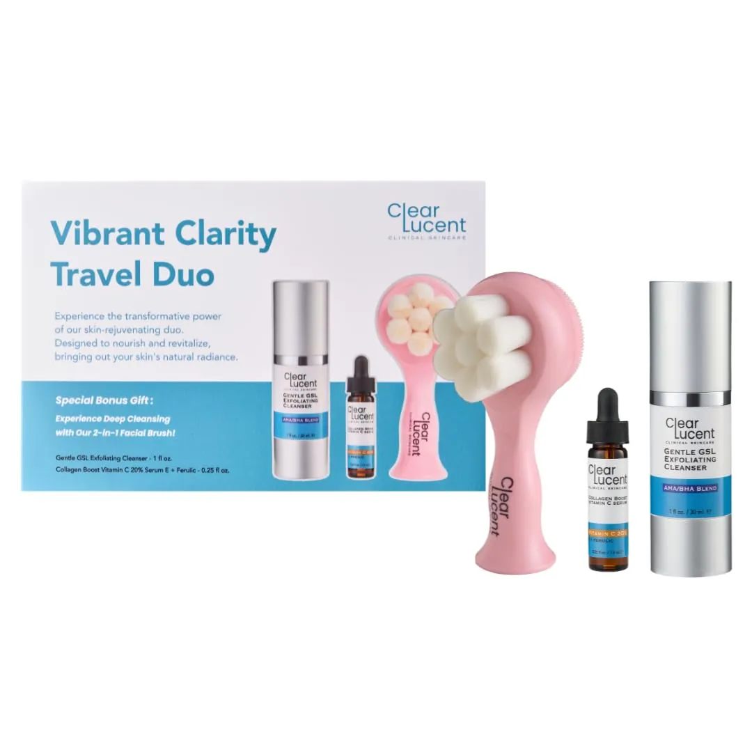Vibrant Clarity Travel Skincare Set  | TSA‑Friendly GSL AHA/BHA Exfoliating Cleanser & 20 % Vitamin C   E   Ferulic Serum with Facial Brush & Travel Pouch | On‑the‑Go Glass Skin - 2‑Piece Set