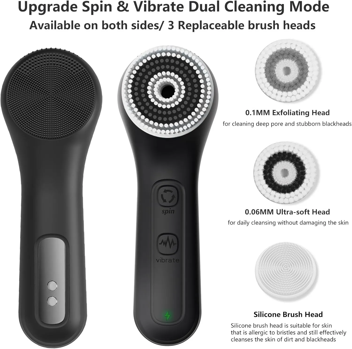 Vibrating and Rotating Face Scrubber, Waterproof Rechargeable Facial Cleansing Brush, 8 Modes Face Brush for Exfoliating and Massaging, for Removing Blackhead（Matte Black）