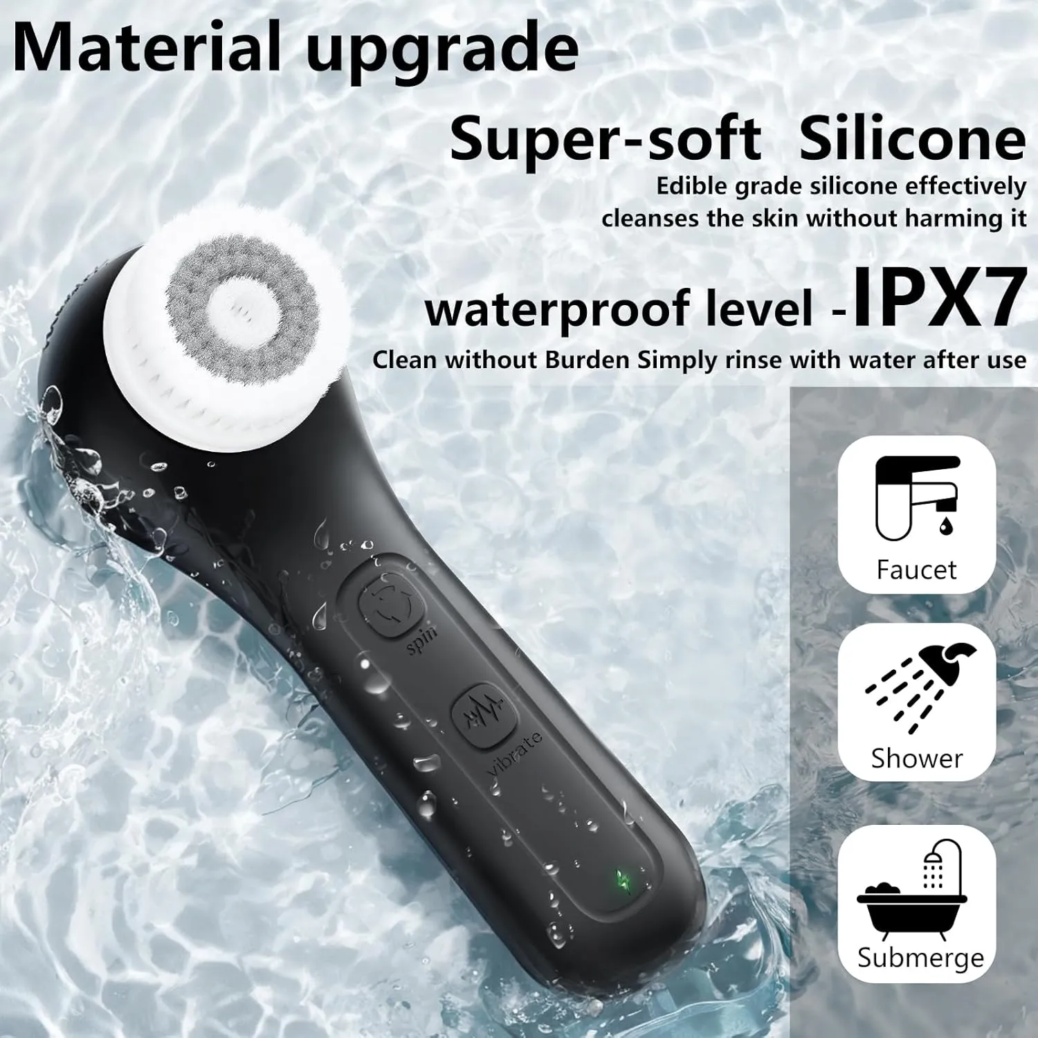 Vibrating and Rotating Face Scrubber, Waterproof Rechargeable Facial Cleansing Brush, 8 Modes Face Brush for Exfoliating and Massaging, for Removing Blackhead（Matte Black）