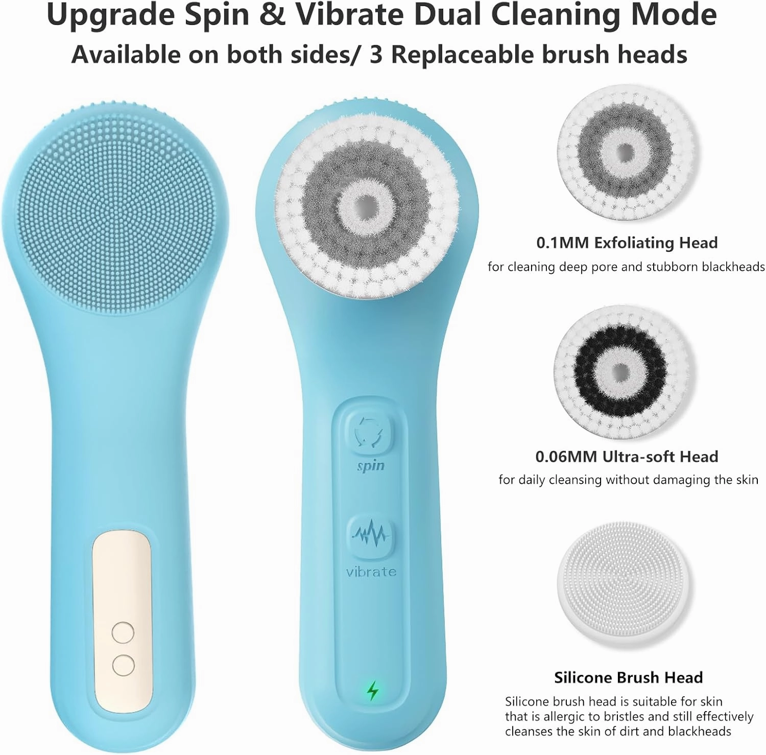 Vibrating and Rotating Face Scrubber, Waterproof Rechargeable Facial Cleansing Brush, 8 Modes for Exfoliating and Massaging, Face Wash Brush for Removing Blackhead（Blue）