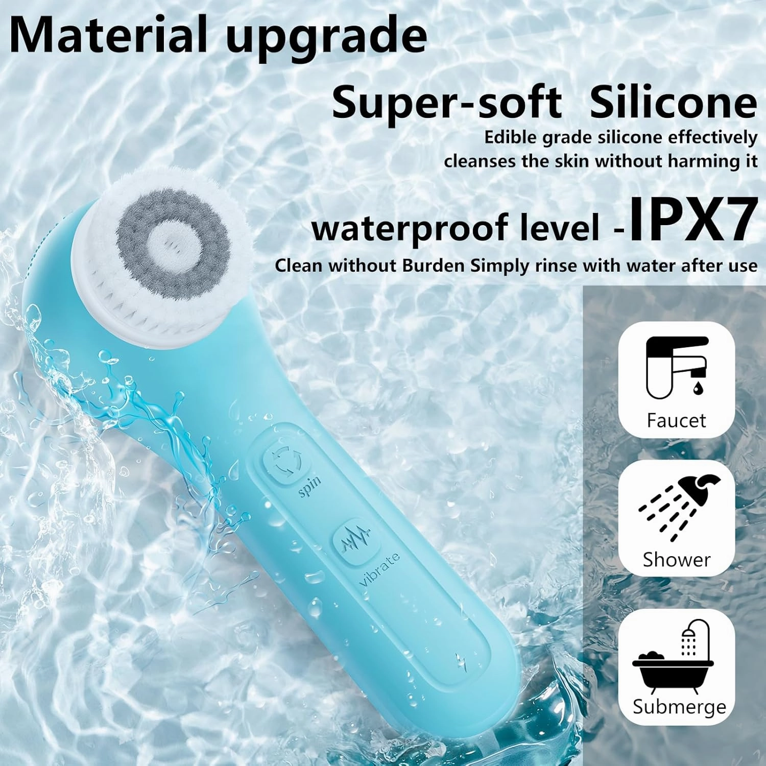 Vibrating and Rotating Face Scrubber, Waterproof Rechargeable Facial Cleansing Brush, 8 Modes for Exfoliating and Massaging, Face Wash Brush for Removing Blackhead（Blue）