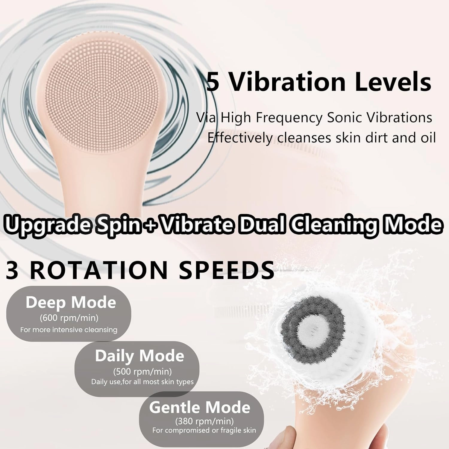 Vibrating and Rotating Face Scrubber, Waterproof Rechargeable Facial Cleansing Brush, 8 Modes for Exfoliating and Massaging, Face Wash Brush for Removing Blackhead(Pink)