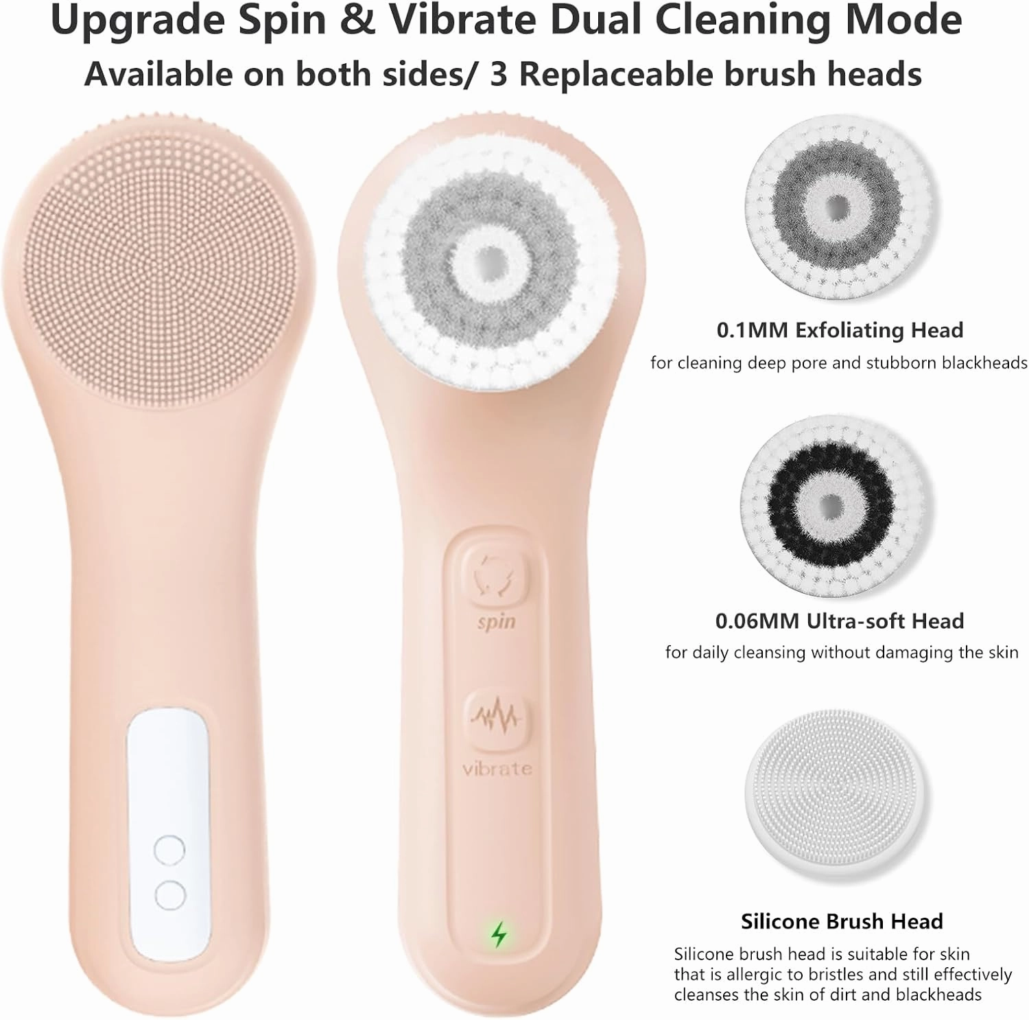 Vibrating and Rotating Face Scrubber, Waterproof Rechargeable Facial Cleansing Brush, 8 Modes for Exfoliating and Massaging, Face Wash Brush for Removing Blackhead(Pink)
