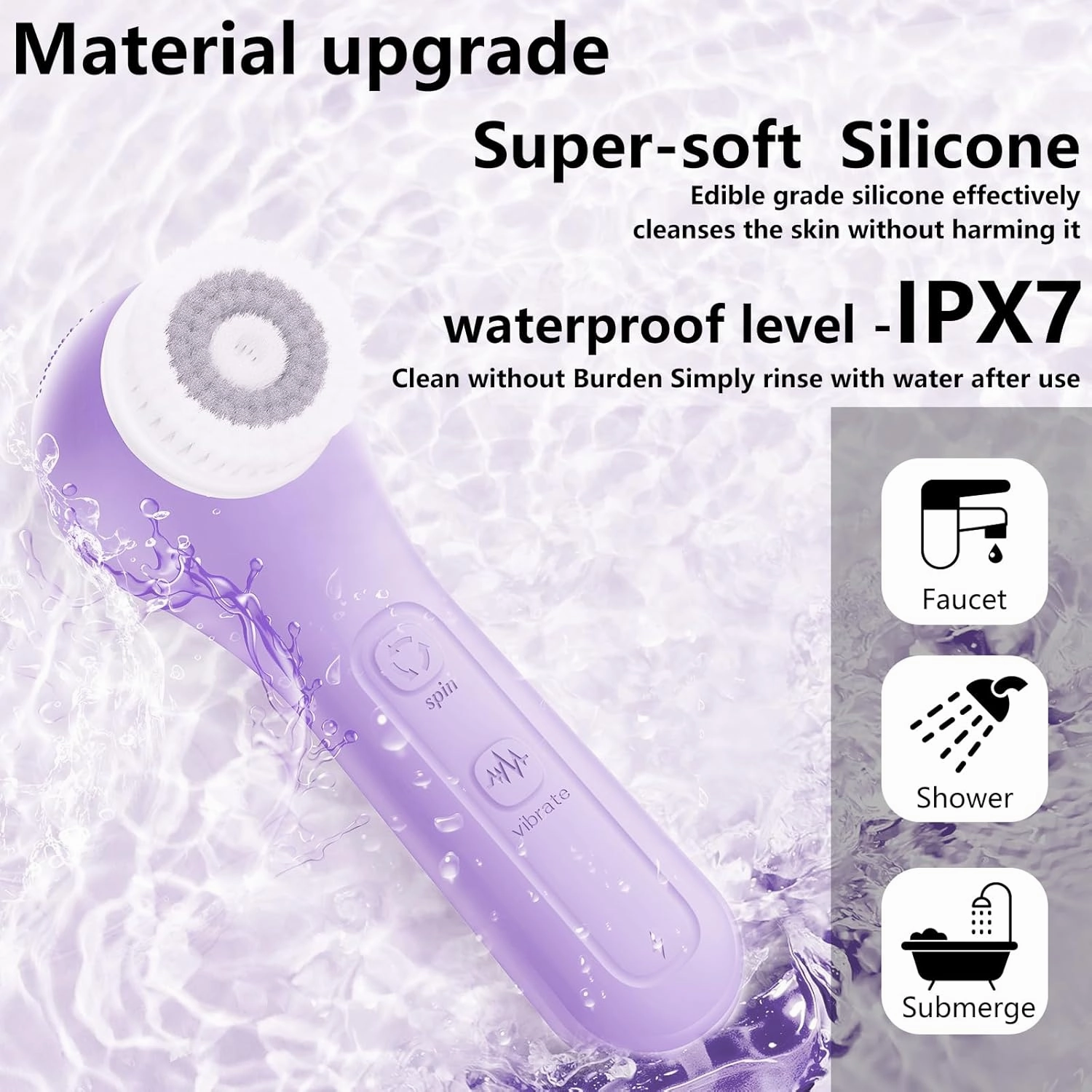 Vibrating and Rotating Face Scrubber, Waterproof Rechargeable Facial Cleansing Brush, 8 Modes for Exfoliating and Massaging, Face Wash Brush for Removing Blackhead(Taro Purple)