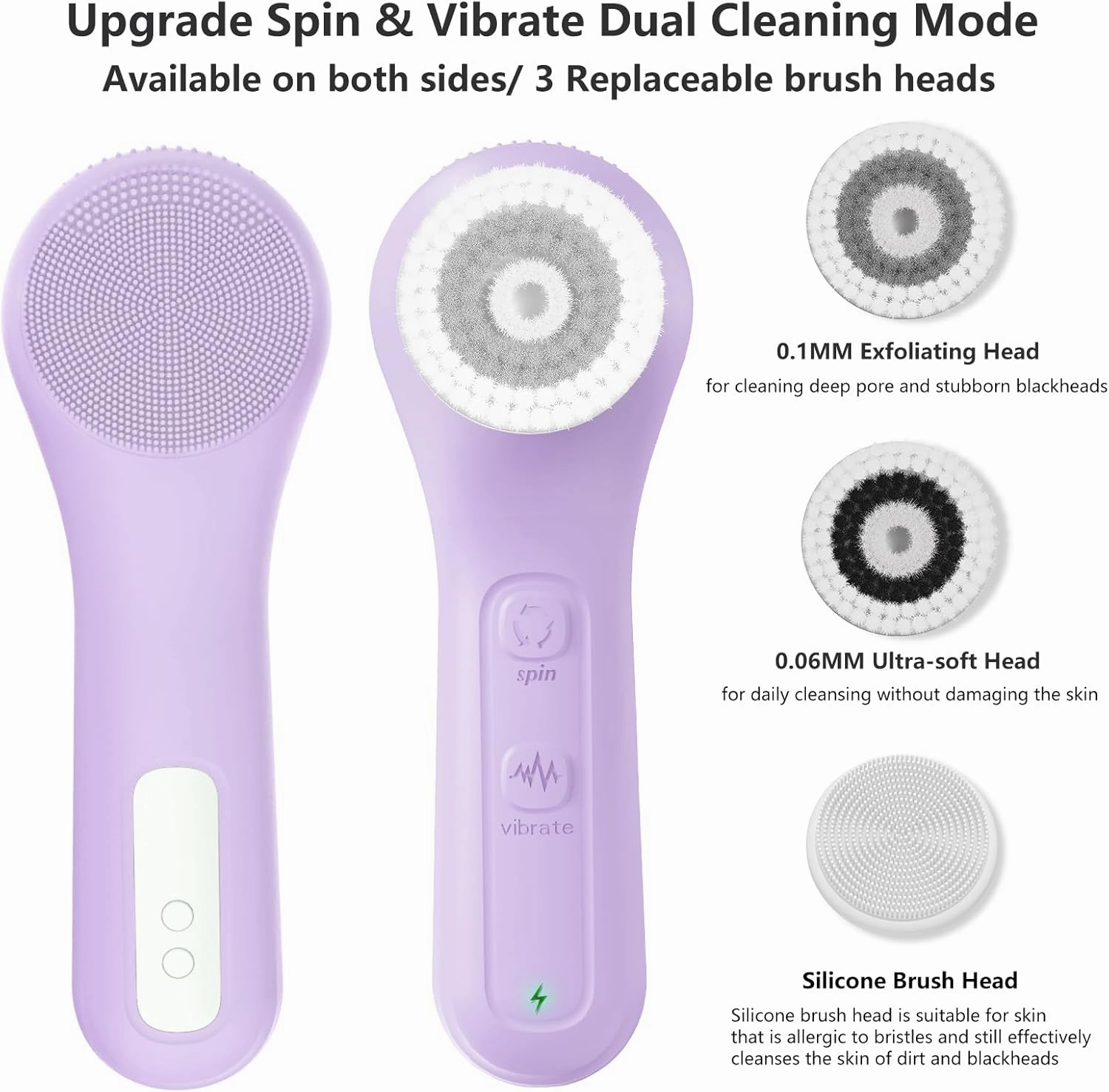 Vibrating and Rotating Face Scrubber, Waterproof Rechargeable Facial Cleansing Brush, 8 Modes for Exfoliating and Massaging, Face Wash Brush for Removing Blackhead(Taro Purple)
